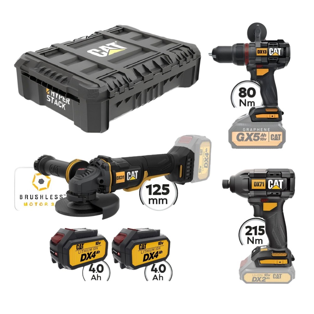 CAT Combo-22 Γωνιακός DX314B, Δράπανο DX13B, Κατσαβίδι DX71B, Εργαλειοθήκη DA41002
